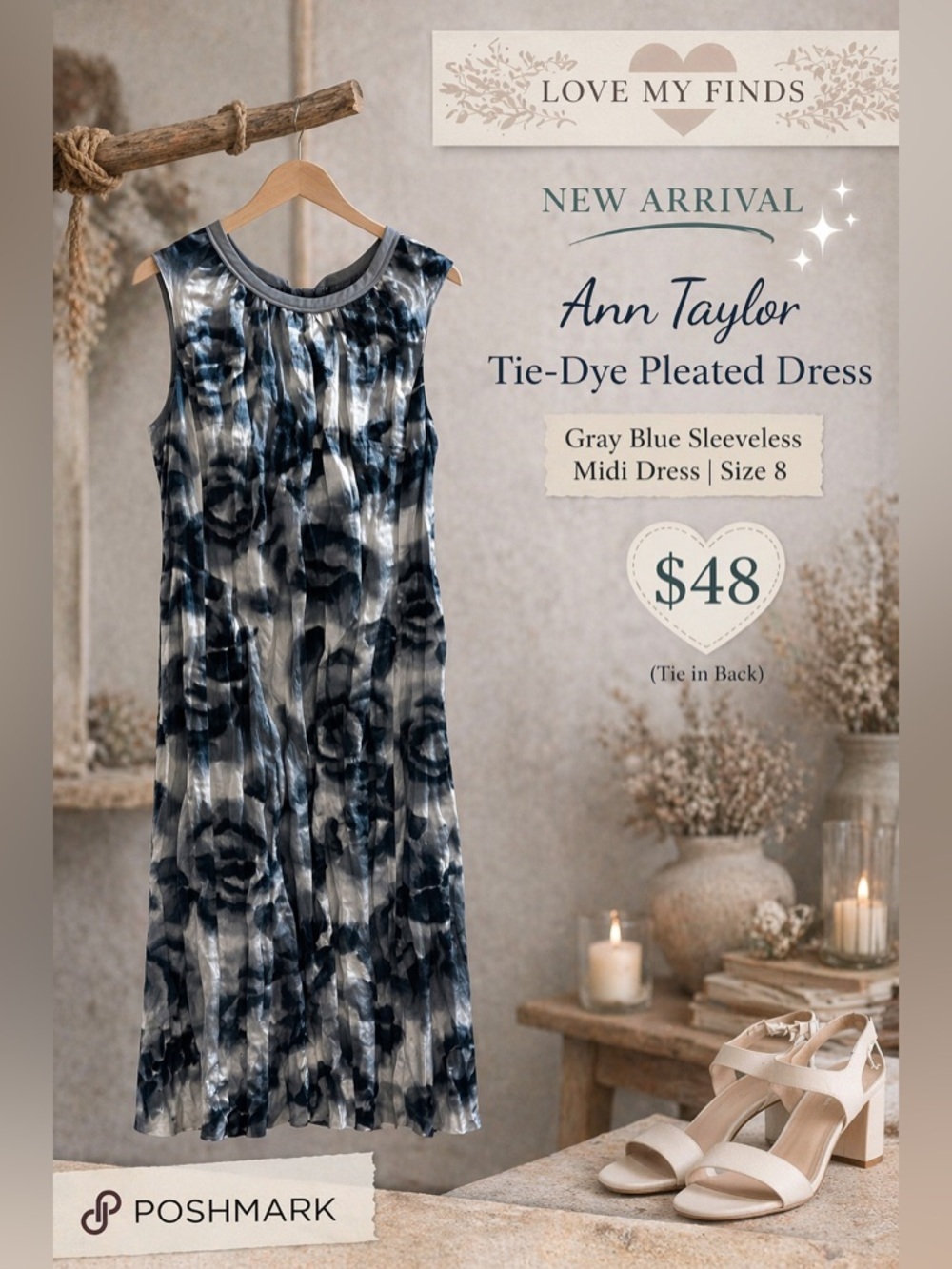 Ann Taylor Tie-Dye Pleated Dress | Gray Blue Sleeveless Midi Dress Size 8